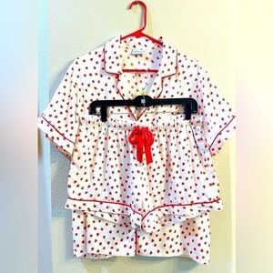 Serenedelicacy Satin Pajama Top & Shorts Set Sz L Valentine’s Day Red Hearts